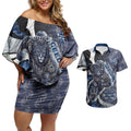 Personalised Geelong Cats Couples Matching Off Shoulder Short Dress and Hawaiian Shirt Trippy Psychedelic Abstract Art Mascot Football Fans