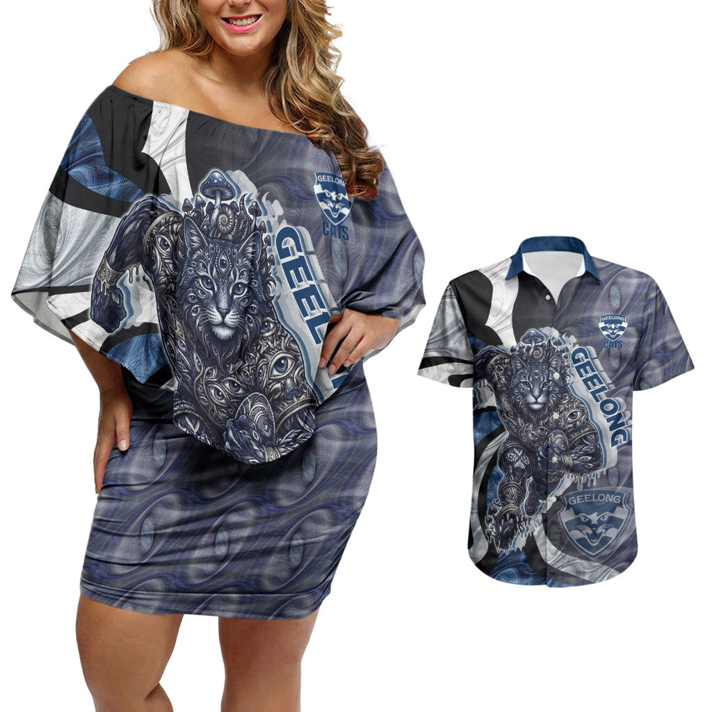 Personalised Geelong Cats Couples Matching Off Shoulder Short Dress and Hawaiian Shirt Trippy Psychedelic Abstract Art Mascot Football Fans
