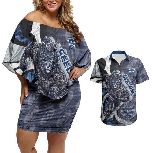 Personalised Geelong Cats Couples Matching Off Shoulder Short Dress and Hawaiian Shirt Trippy Psychedelic Abstract Art Mascot Football Fans