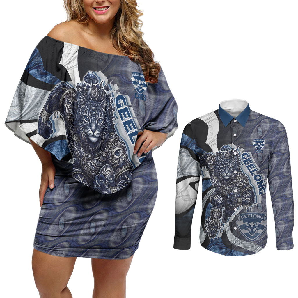Personalised Geelong Cats Couples Matching Off Shoulder Short Dress and Long Sleeve Button Shirt Trippy Psychedelic Abstract Art Mascot Football Fans