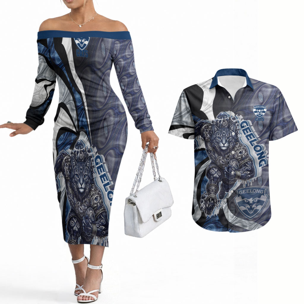 Personalised Geelong Cats Couples Matching Off The Shoulder Long Sleeve Dress and Hawaiian Shirt Trippy Psychedelic Abstract Art Mascot Football Fans