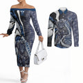 Personalised Geelong Cats Couples Matching Off The Shoulder Long Sleeve Dress and Long Sleeve Button Shirt Trippy Psychedelic Abstract Art Mascot Football Fans