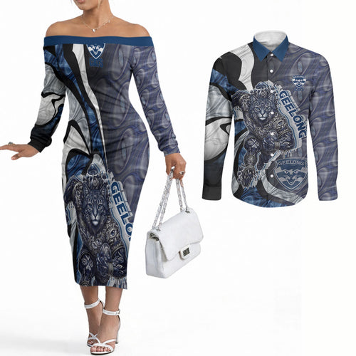 Personalised Geelong Cats Couples Matching Off The Shoulder Long Sleeve Dress and Long Sleeve Button Shirt Trippy Psychedelic Abstract Art Mascot Football Fans