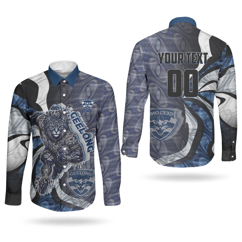 Personalised Geelong Cats Couples Matching Off The Shoulder Long Sleeve Dress and Long Sleeve Button Shirt Trippy Psychedelic Abstract Art Mascot Football Fans