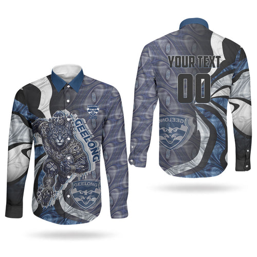 Personalised Geelong Cats Couples Matching Puletasi and Long Sleeve Button Shirt Trippy Psychedelic Abstract Art Mascot Football Fans