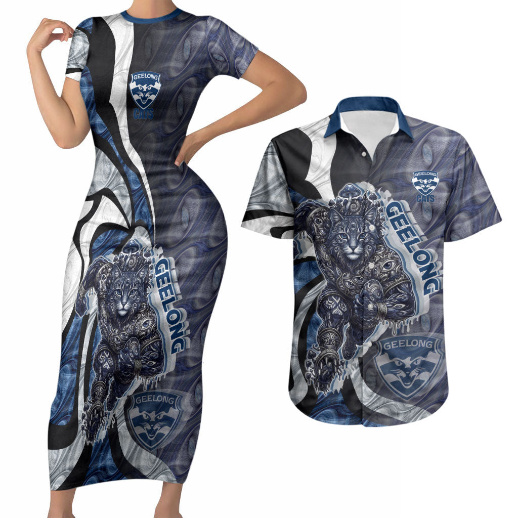 Personalised Geelong Cats Couples Matching Short Sleeve Bodycon Dress and Hawaiian Shirt Trippy Psychedelic Abstract Art Mascot Football Fans