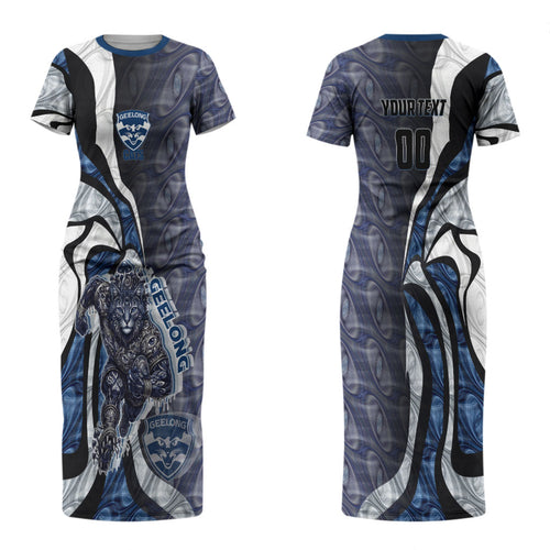 Personalised Geelong Cats Couples Matching Short Sleeve Bodycon Dress and Hawaiian Shirt Trippy Psychedelic Abstract Art Mascot Football Fans