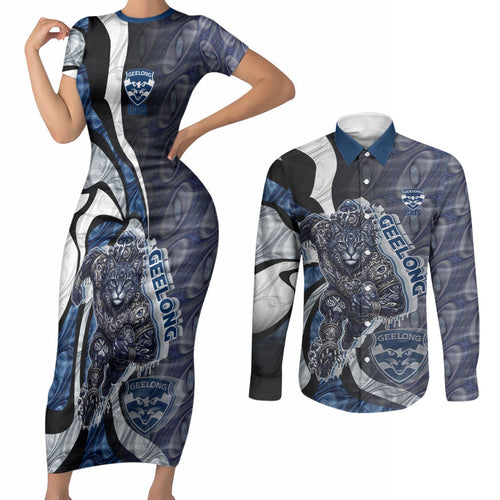 Personalised Geelong Cats Couples Matching Short Sleeve Bodycon Dress and Long Sleeve Button Shirt Trippy Psychedelic Abstract Art Mascot Football Fans