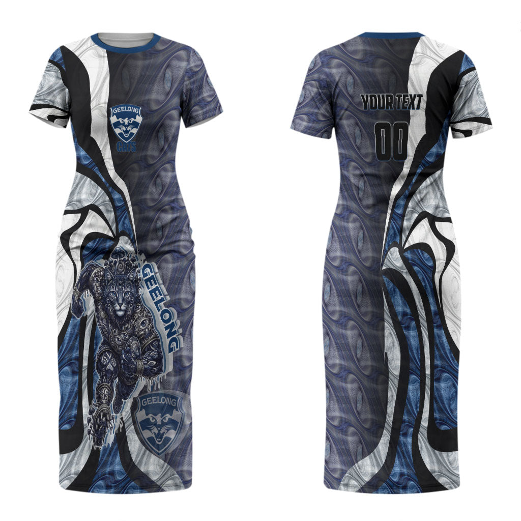 Personalised Geelong Cats Couples Matching Short Sleeve Bodycon Dress and Long Sleeve Button Shirt Trippy Psychedelic Abstract Art Mascot Football Fans