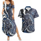 Personalised Geelong Cats Couples Matching Summer Maxi Dress and Hawaiian Shirt Trippy Psychedelic Abstract Art Mascot Football Fans