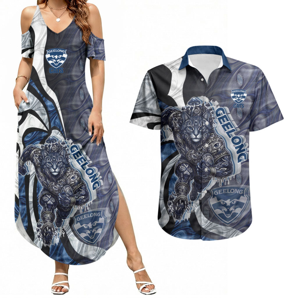 Personalised Geelong Cats Couples Matching Summer Maxi Dress and Hawaiian Shirt Trippy Psychedelic Abstract Art Mascot Football Fans