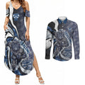 Personalised Geelong Cats Couples Matching Summer Maxi Dress and Long Sleeve Button Shirt Trippy Psychedelic Abstract Art Mascot Football Fans