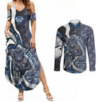 Personalised Geelong Cats Couples Matching Summer Maxi Dress and Long Sleeve Button Shirt Trippy Psychedelic Abstract Art Mascot Football Fans