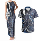 Personalised Geelong Cats Couples Matching Tank Maxi Dress and Hawaiian Shirt Trippy Psychedelic Abstract Art Mascot Football Fans