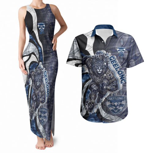 Personalised Geelong Cats Couples Matching Tank Maxi Dress and Hawaiian Shirt Trippy Psychedelic Abstract Art Mascot Football Fans