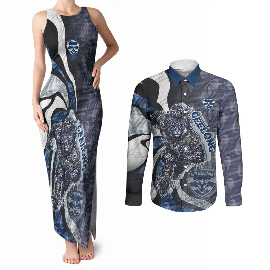 Personalised Geelong Cats Couples Matching Tank Maxi Dress and Long Sleeve Button Shirt Trippy Psychedelic Abstract Art Mascot Football Fans