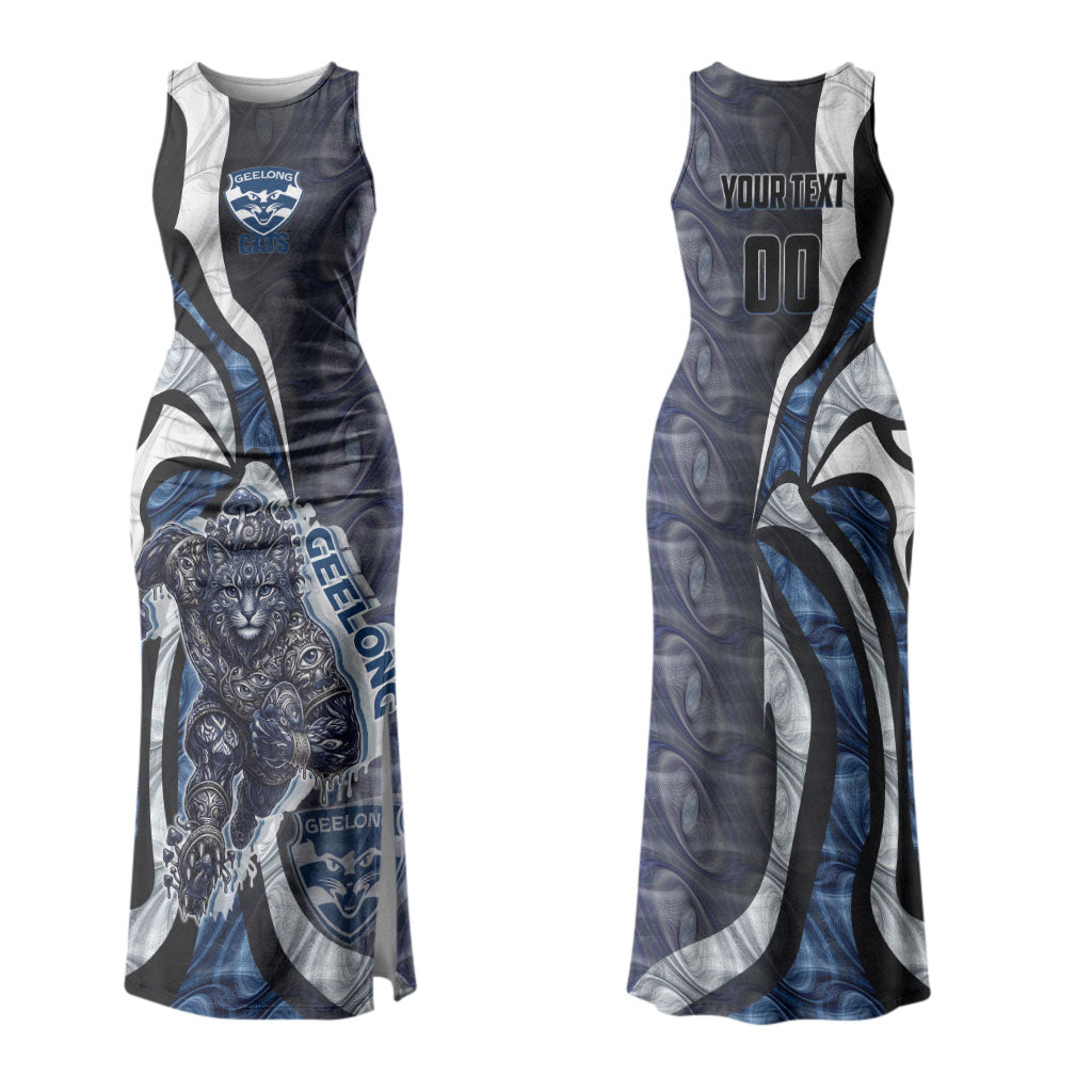 Personalised Geelong Cats Couples Matching Tank Maxi Dress and Long Sleeve Button Shirt Trippy Psychedelic Abstract Art Mascot Football Fans