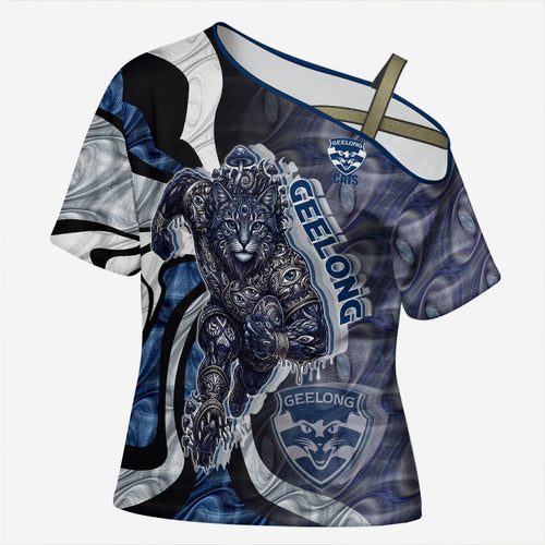 Personalised Geelong Cats Cross Shoulder Shirt Trippy Psychedelic Abstract Art Mascot Football Fans