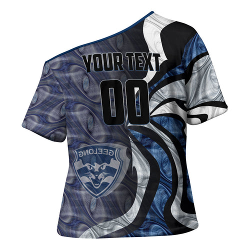 Personalised Geelong Cats Cross Shoulder Shirt Trippy Psychedelic Abstract Art Mascot Football Fans