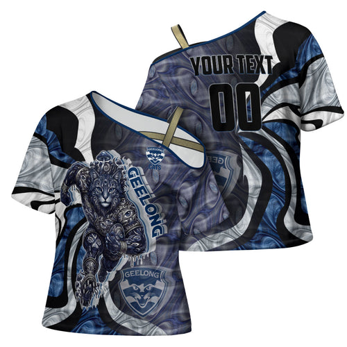 Personalised Geelong Cats Cross Shoulder Shirt Trippy Psychedelic Abstract Art Mascot Football Fans