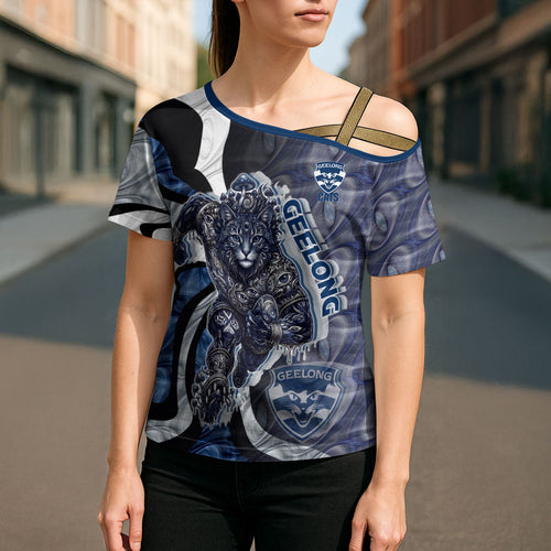 Personalised Geelong Cats Cross Shoulder Shirt Trippy Psychedelic Abstract Art Mascot Football Fans