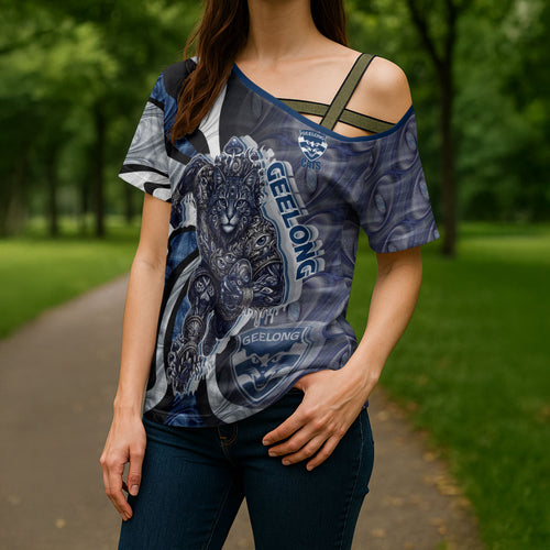 Personalised Geelong Cats Cross Shoulder Shirt Trippy Psychedelic Abstract Art Mascot Football Fans