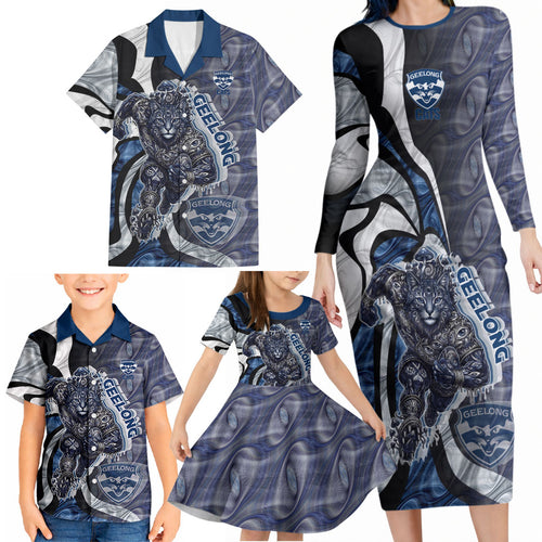 Personalised Geelong Cats Family Matching Long Sleeve Bodycon Dress and Hawaiian Shirt Trippy Psychedelic Abstract Art Mascot Football Fans