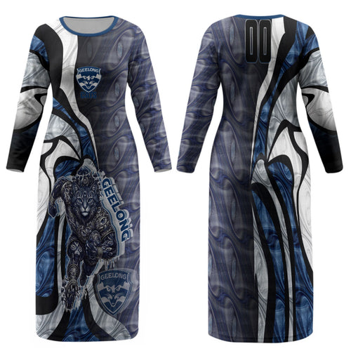 Personalised Geelong Cats Family Matching Long Sleeve Bodycon Dress and Hawaiian Shirt Trippy Psychedelic Abstract Art Mascot Football Fans
