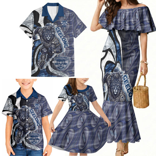 Personalised Geelong Cats Family Matching Mermaid Dress and Hawaiian Shirt Trippy Psychedelic Abstract Art Mascot Football Fans