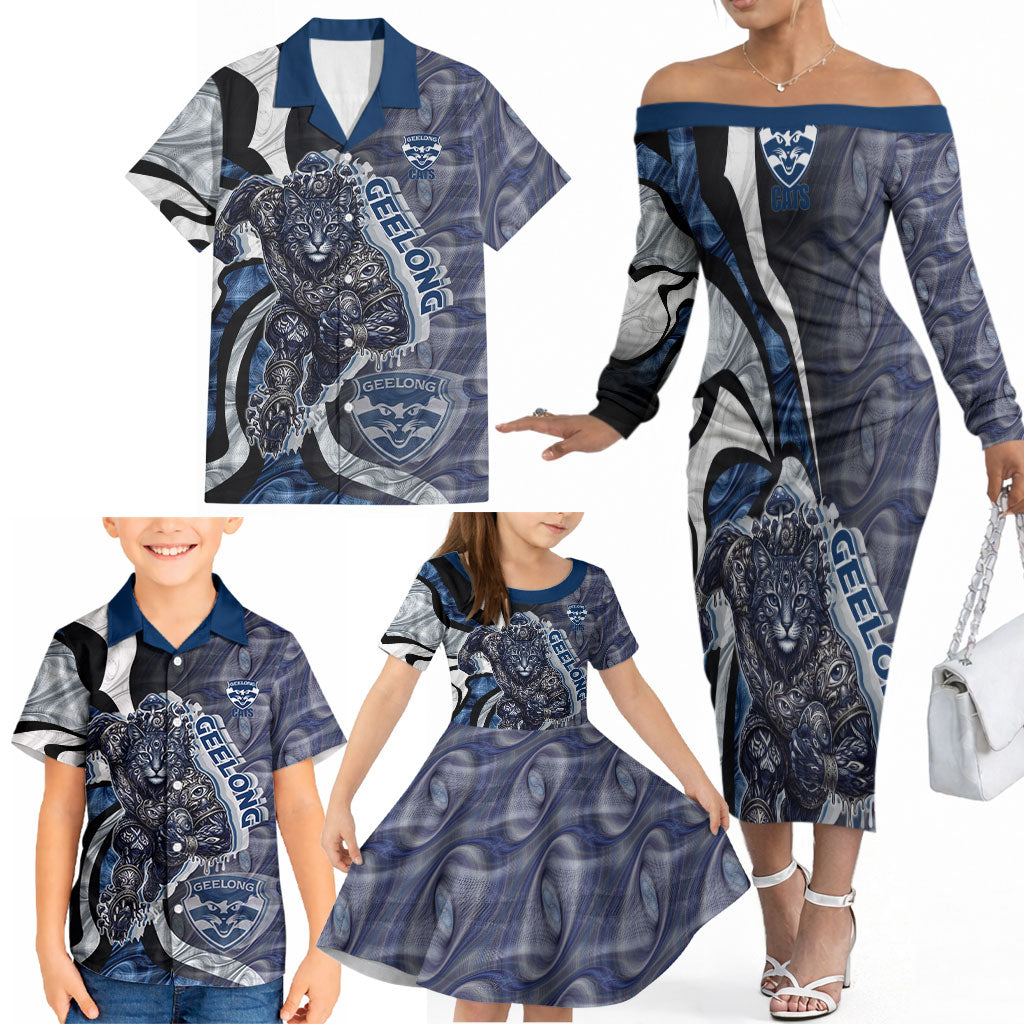 Personalised Geelong Cats Family Matching Off The Shoulder Long Sleeve Dress and Hawaiian Shirt Trippy Psychedelic Abstract Art Mascot Football Fans