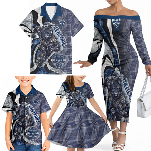 Personalised Geelong Cats Family Matching Off The Shoulder Long Sleeve Dress and Hawaiian Shirt Trippy Psychedelic Abstract Art Mascot Football Fans