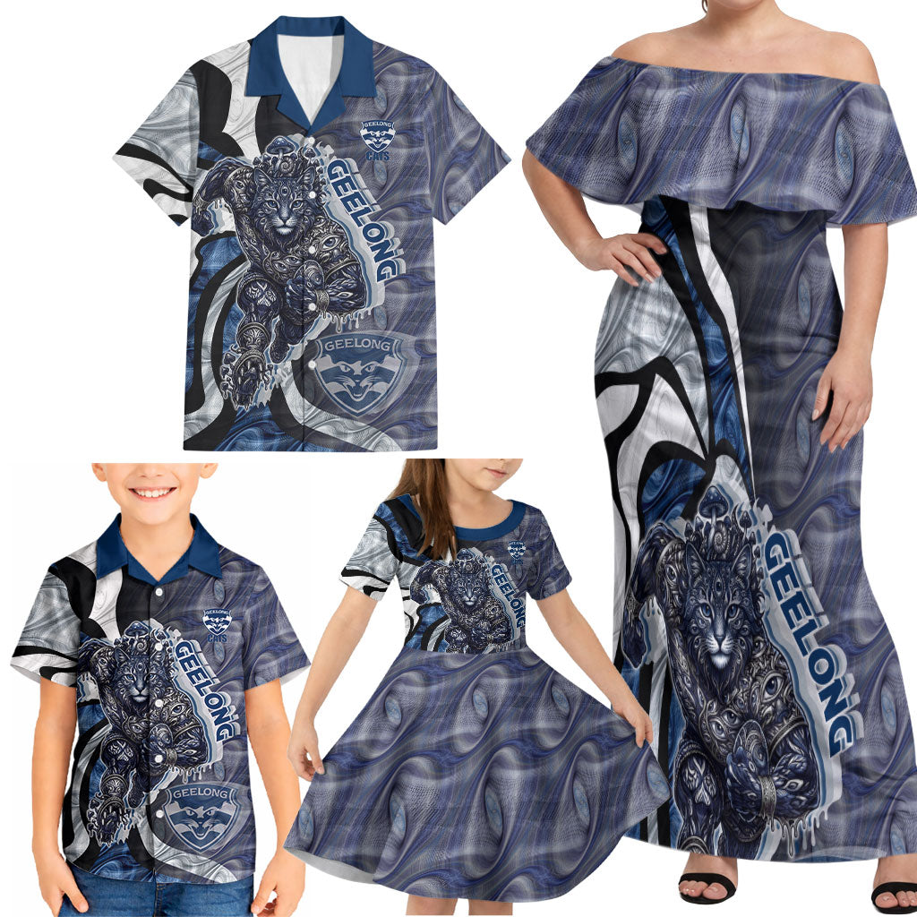 Personalised Geelong Cats Family Matching Off Shoulder Maxi Dress and Hawaiian Shirt Trippy Psychedelic Abstract Art Mascot Football Fans