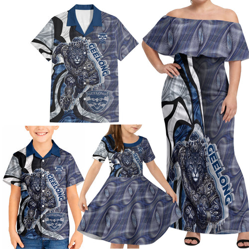 Personalised Geelong Cats Family Matching Off Shoulder Maxi Dress and Hawaiian Shirt Trippy Psychedelic Abstract Art Mascot Football Fans