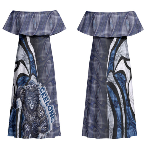Personalised Geelong Cats Family Matching Off Shoulder Maxi Dress and Hawaiian Shirt Trippy Psychedelic Abstract Art Mascot Football Fans