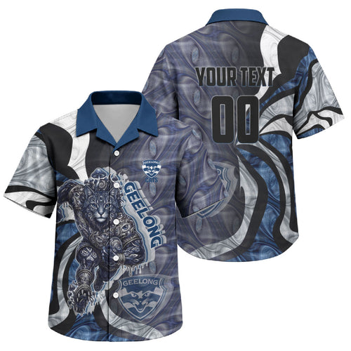 Personalised Geelong Cats Family Matching Off Shoulder Maxi Dress and Hawaiian Shirt Trippy Psychedelic Abstract Art Mascot Football Fans