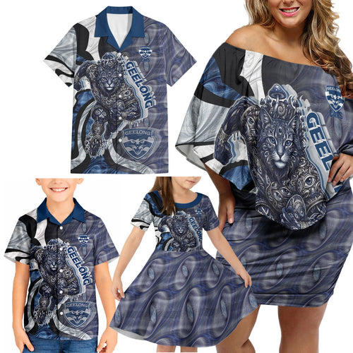 Personalised Geelong Cats Family Matching Off Shoulder Short Dress and Hawaiian Shirt Trippy Psychedelic Abstract Art Mascot Football Fans