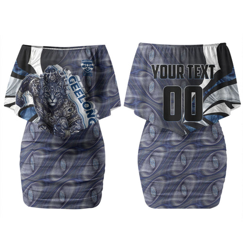 Personalised Geelong Cats Family Matching Off Shoulder Short Dress and Hawaiian Shirt Trippy Psychedelic Abstract Art Mascot Football Fans