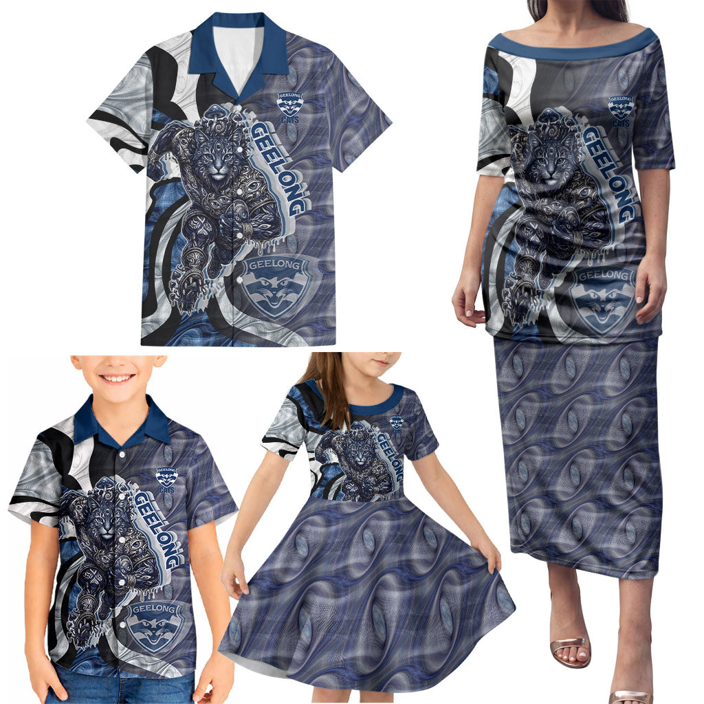 Personalised Geelong Cats Family Matching Puletasi and Hawaiian Shirt Trippy Psychedelic Abstract Art Mascot Football Fans