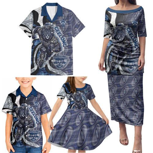 Personalised Geelong Cats Family Matching Puletasi and Hawaiian Shirt Trippy Psychedelic Abstract Art Mascot Football Fans