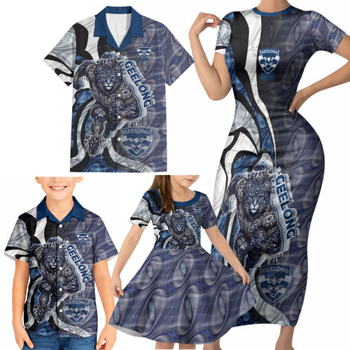 Personalised Geelong Cats Family Matching Short Sleeve Bodycon Dress and Hawaiian Shirt Trippy Psychedelic Abstract Art Mascot Football Fans