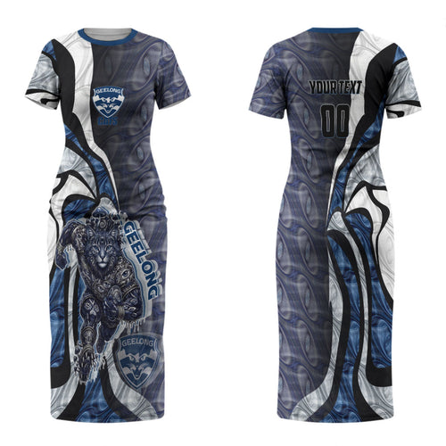 Personalised Geelong Cats Family Matching Short Sleeve Bodycon Dress and Hawaiian Shirt Trippy Psychedelic Abstract Art Mascot Football Fans