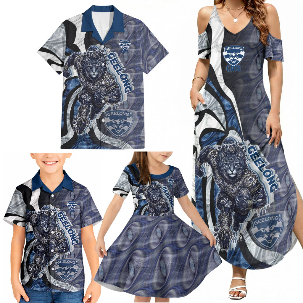Personalised Geelong Cats Family Matching Summer Maxi Dress and Hawaiian Shirt Trippy Psychedelic Abstract Art Mascot Football Fans