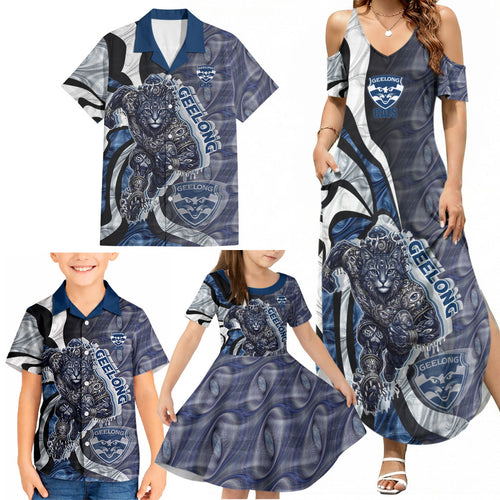 Personalised Geelong Cats Family Matching Summer Maxi Dress and Hawaiian Shirt Trippy Psychedelic Abstract Art Mascot Football Fans