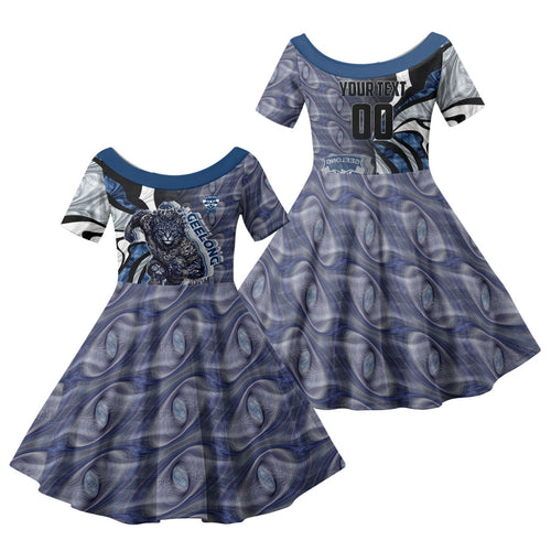 Personalised Geelong Cats Family Matching Summer Maxi Dress and Hawaiian Shirt Trippy Psychedelic Abstract Art Mascot Football Fans