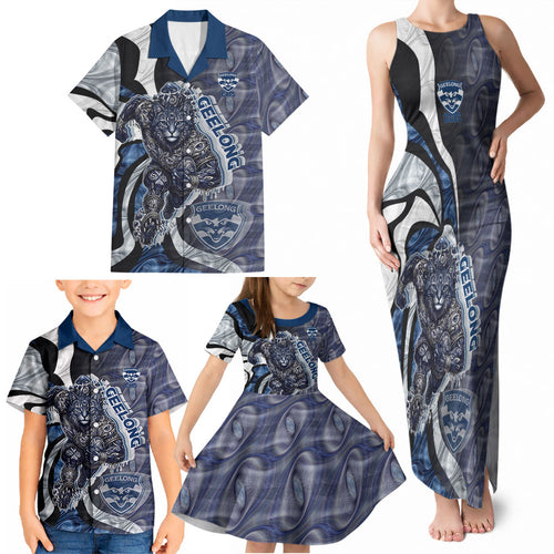 Personalised Geelong Cats Family Matching Tank Maxi Dress and Hawaiian Shirt Trippy Psychedelic Abstract Art Mascot Football Fans