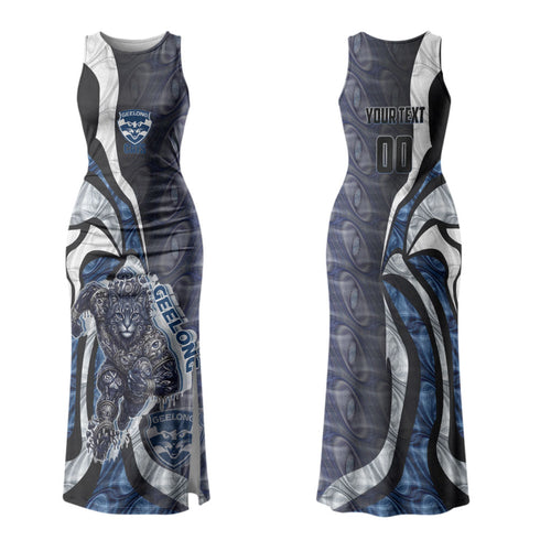 Personalised Geelong Cats Family Matching Tank Maxi Dress and Hawaiian Shirt Trippy Psychedelic Abstract Art Mascot Football Fans