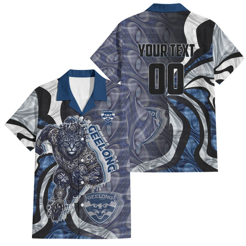 Personalised Geelong Cats Family Matching Tank Maxi Dress and Hawaiian Shirt Trippy Psychedelic Abstract Art Mascot Football Fans