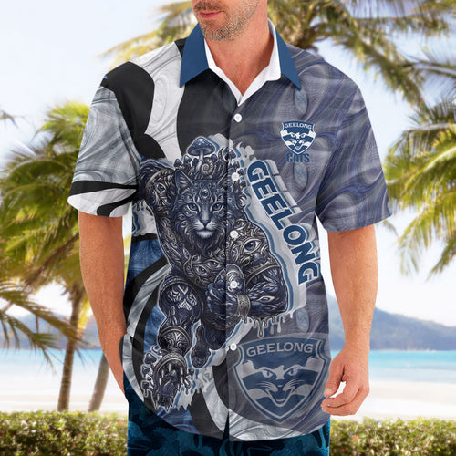 Personalised Geelong Cats Hawaiian Shirt Trippy Psychedelic Abstract Art Mascot Football Fans