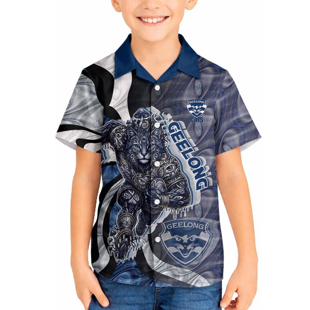 Personalised Geelong Cats Hawaiian Shirt Trippy Psychedelic Abstract Art Mascot Football Fans