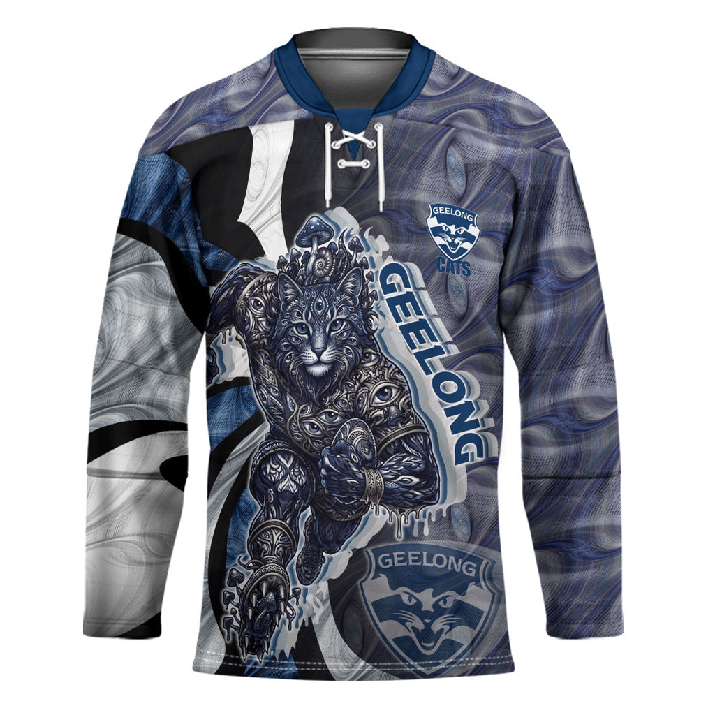 Personalised Geelong Cats Hockey Jersey Trippy Psychedelic Abstract Art Mascot Football Fans